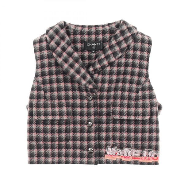 CHANEL patch logo Vest P71277V62646 wool Black Pink Gray Used Women size 36
