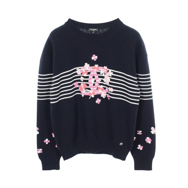 CHANEL 24P Clover Crew Neck knit cashmere Navy Multicolor Used Women size 38