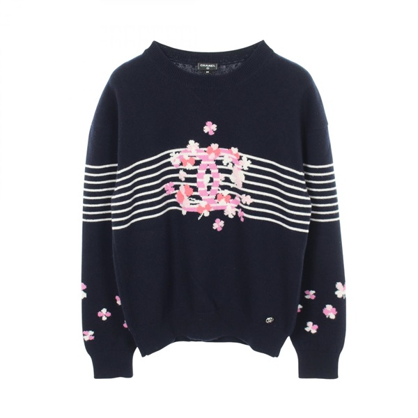 CHANEL 24P Clover Crew Neck knit cashmere Navy Multicolor Used Women size 38
