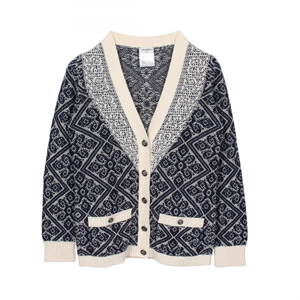CHANEL V-neck cardigan Knitwear P47657K06092 cashmere Navy White Used Women #34
