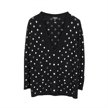 CHANEL Polka Dot cardigan P75020K10748 cashmere Black White Used Women size 38