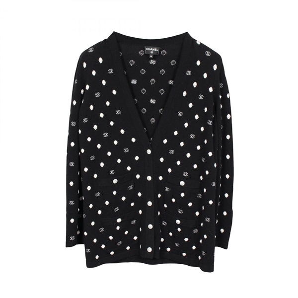 CHANEL Polka Dot cardigan P75020K10748 cashmere Black White Used Women size 38