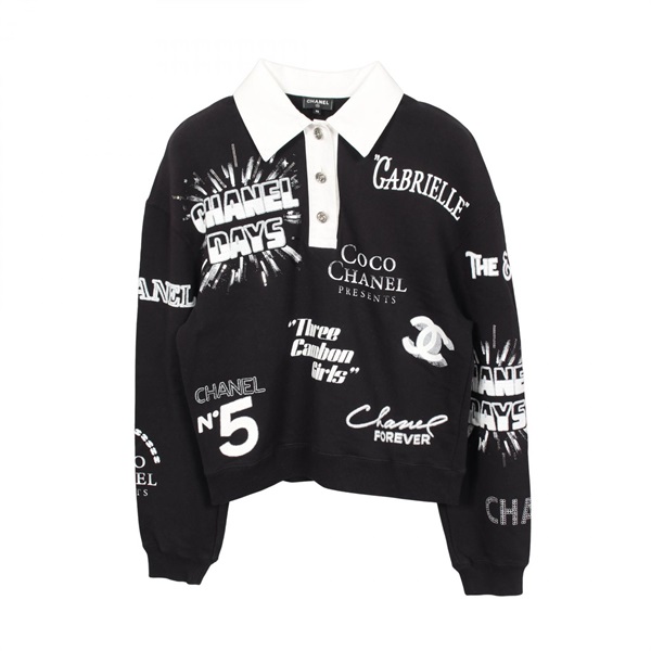 CHANEL Polo shirt cotton Sequins rhinestone Black White Used Women size XS