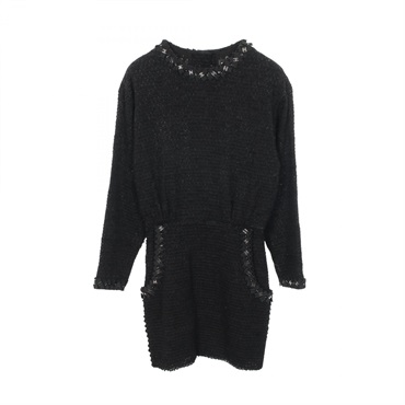 CHANEL COCO Mark Button Ribbon Tweed Dress Nylon silk polyester Black Used #34