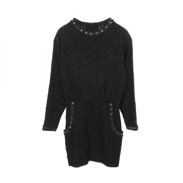 CHANEL COCO Mark Button Ribbon Tweed Dress Nylon silk polyester Black Used #34