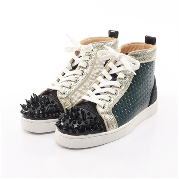 Christian Louboutin Spike Studs Sneakers Shoes #40 Leather Canvas Black Green