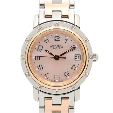 HERMES Clipper Nacre 12P Diamond Wrist Watch CL4.222 Quartz SS PGP Used Women