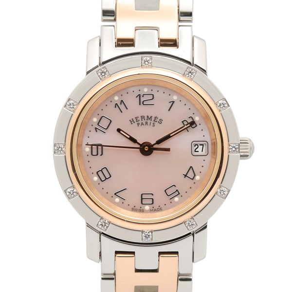 HERMES Clipper Nacre 12P Diamond Wrist Watch CL4.222 Quartz SS PGP Used Women