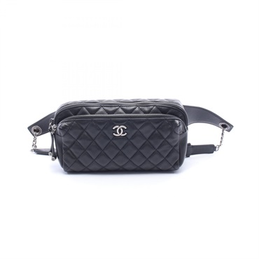 CHANEL Matelasse Waist Belt Bum Bag leather Black SHW Used Women Coco CC