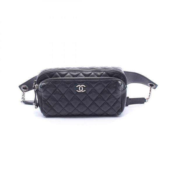 CHANEL Matelasse Waist Belt Bum Bag leather Black SHW Used Women Coco CC