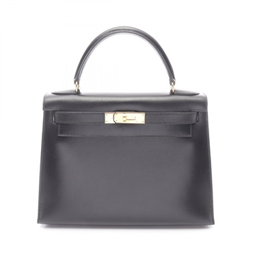 HERMES Kelly 28 Shoulder Handbag Box calf leather Black Used Women GHW A