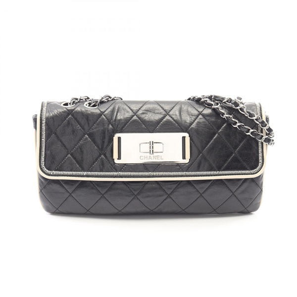 CHANEL 2.55 Matelasse Chain Shoulder Bag Lamb leather Black Beige Used Women SHW