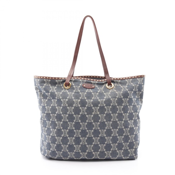 CELINE Paris Macadam Studs Shoulder Tote Bag Denim leather Navy Beige Brown Used