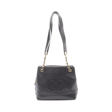 CHANEL COCO Mark Shoulder Tote Bag Grained Calfskin leather Black Used GHW CC