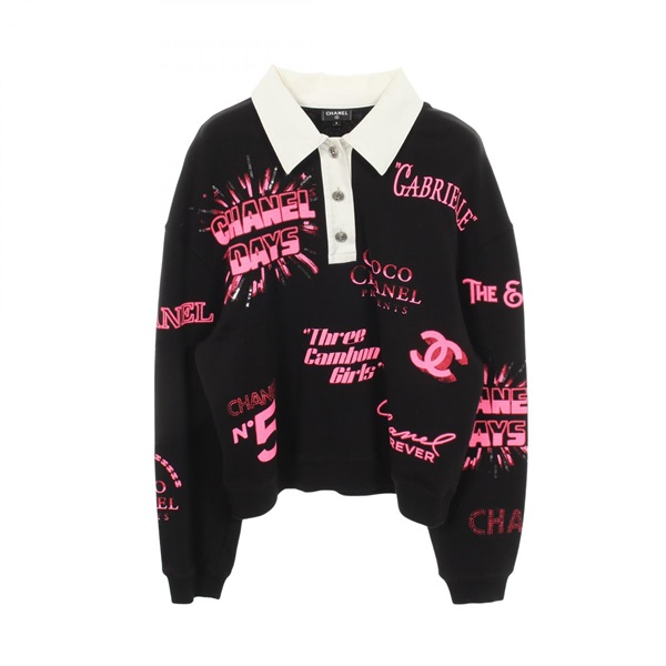 CHANEL Logo print sequin Polo shirt P70689V62077 cotton Black Pink Used Women S