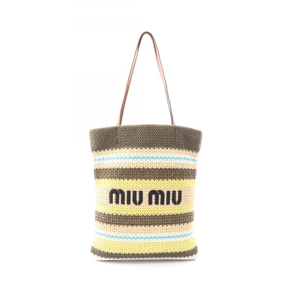 Miu Miu logo Shoulder Tote Bag 5BG248 leather Fabric Khaki Multicolor Used Women