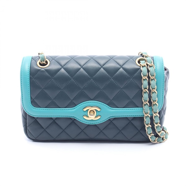 CHANEL Matelasse Chain Shoulder Bag A01112 leather Green Blue Used Women GHW CC