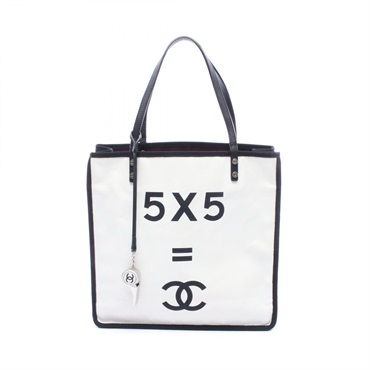 CHANEL 5 x 5 = CHANEL Hand Tote Bag canvas leather Black White Used Women SHW CC