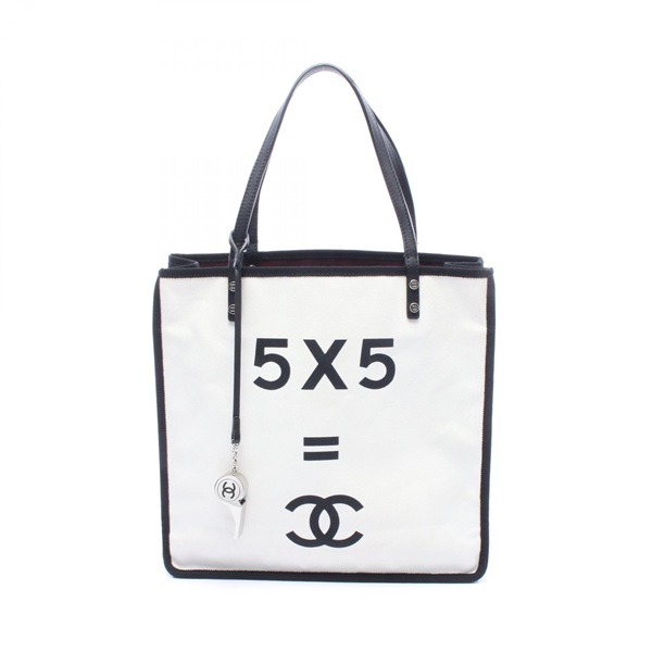 CHANEL 5 x 5 = CHANEL Hand Tote Bag canvas leather Black White Used Women SHW CC