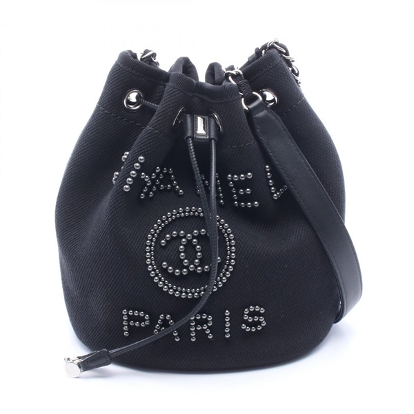 CHANEL Deauville Crossbody Shoulder Bag AS1045 canvas leather Black Used SHW CC