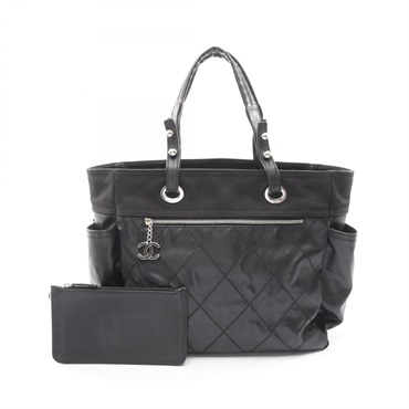 CHANEL Paris Biarritz MM Tote Bag leather PVC coated canvas Black Used Women SHW