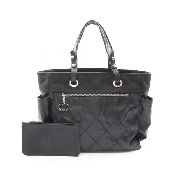 CHANEL Paris Biarritz MM Tote Bag leather PVC coated canvas Black Used Women SHW