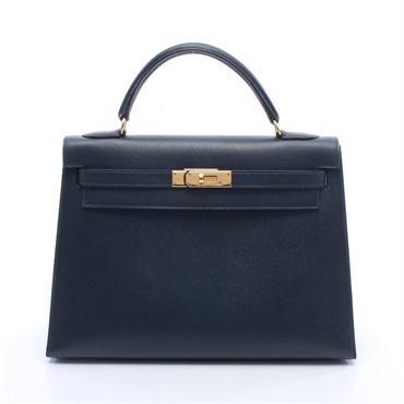 HERMES Kelly 32 Shoulder Handbag Courchevel leather Navy Blue indigo Used Y GHW