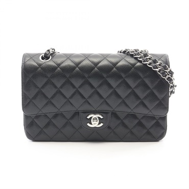 CHANEL Matelasse W flap Shoulder Bag Grained Calfskin leather Black Used SHW CC