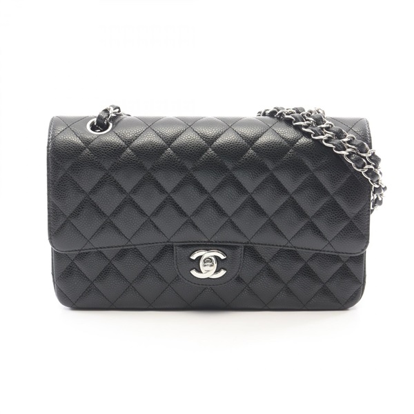 CHANEL Matelasse W flap Shoulder Bag Grained Calfskin leather Black Used SHW CC