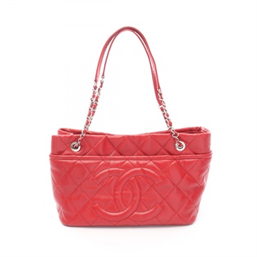 CHANEL Matelasse Chain Shoulder Tote Bag Grained Calfskin leather Red Used CC