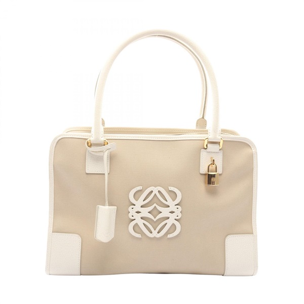 LOEWE Amazona 36 Shoulder Handbag canvas leather Beige White Used Women