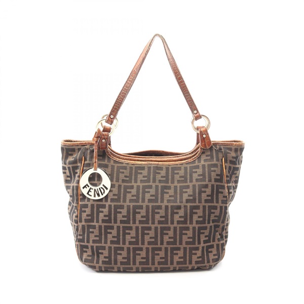FENDI Zucca Shoulder Tote Bag 8BH187 leather Nylon canvas Brown Used Women