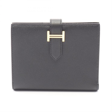 HERMES BEARN Compact Bi-fold wallet Madame leather Black Used Women W GHW