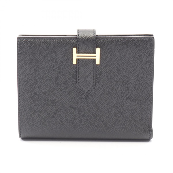 HERMES BEARN Compact Bi-fold wallet Madame leather Black Used Women W GHW