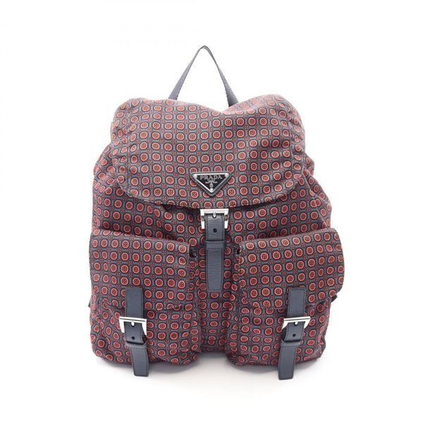 PRADA Triangle Logo Backpack 1BZ811 Nylon Saffiano leather Navy Red Used Women