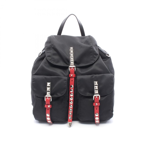 PRADA NEW VELA Studs Rucksack Backpack Nylon leather Black Red Used Women
