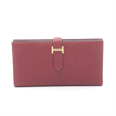HERMES Bearn Soufflet Bifold purse Chevre leather Bordeaux Rouge H Used U GHW