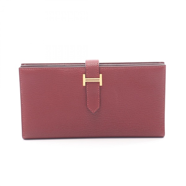 HERMES Bearn Soufflet Bifold purse Chevre leather Bordeaux Rouge H Used U GHW