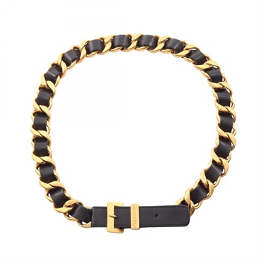 CHANEL Chain Belt Ceinture leather Gold Plated Black Used Women Coco CC