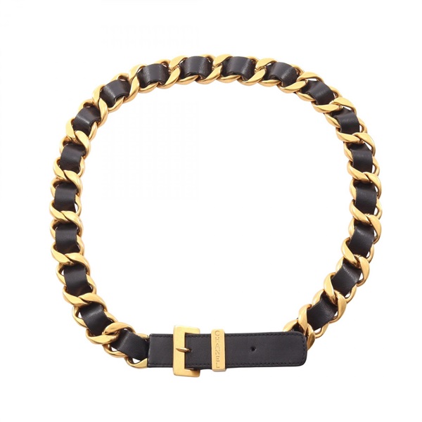 CHANEL Chain Belt Ceinture leather Gold Plated Black Used Women Coco CC
