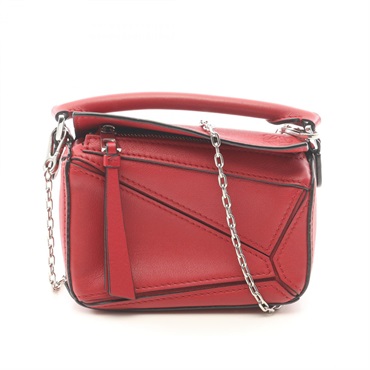 LOEWE Puzzle Bag Nano Chain Shoulder Handbag leather Red Used Women