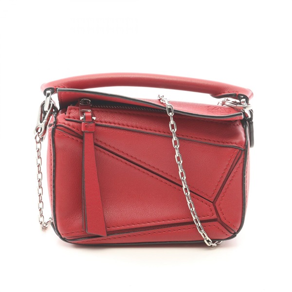 LOEWE Puzzle Bag Nano Chain Shoulder Handbag leather Red Used Women