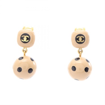 CHANEL COCO Mark Dot Swing Earring Gold Plated Plastic Beige Black Used women