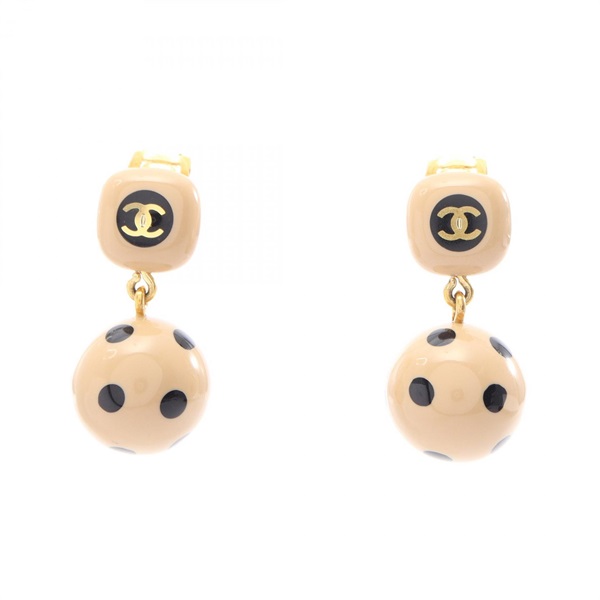 CHANEL COCO Mark Dot Swing Earring Gold Plated Plastic Beige Black Used women