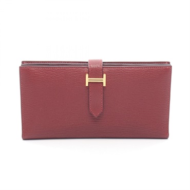 HERMES Bearn Soufflet Bifold purse Chevre leather Bordeaux Rouge H Used U GHW