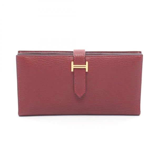 HERMES Bearn Soufflet Bifold purse Chevre leather Bordeaux Rouge H Used U GHW
