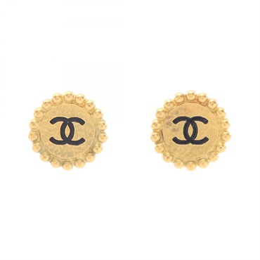 CHANEL COCO Mark Round Earring Gold Plated Black Used women CC