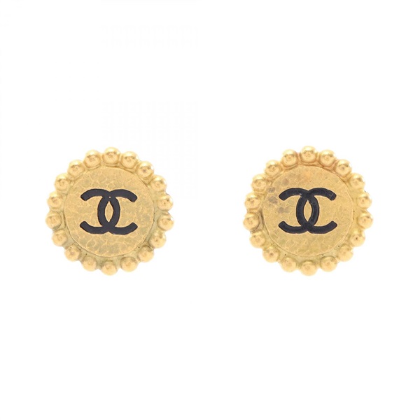 CHANEL COCO Mark Round Earring Gold Plated Black Used women CC