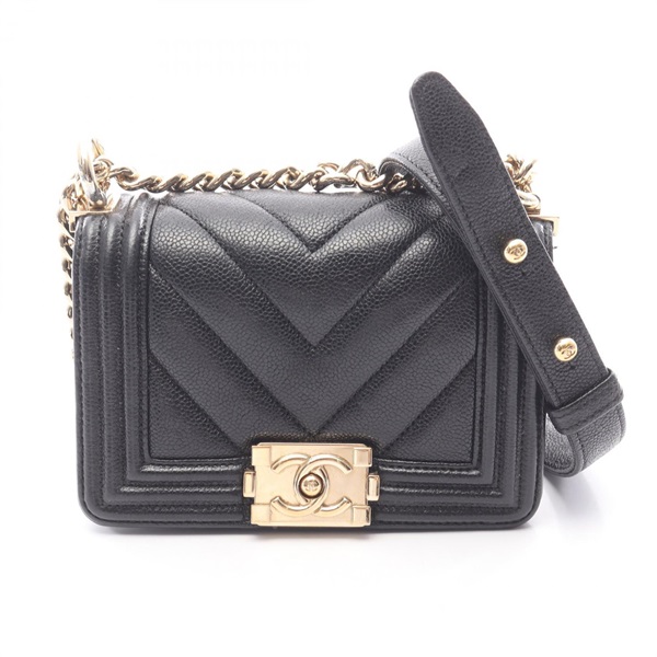 CHANEL Boy Chanel Mini Chevron V-stitch chain Shoulder Bag Calfskin Black Used