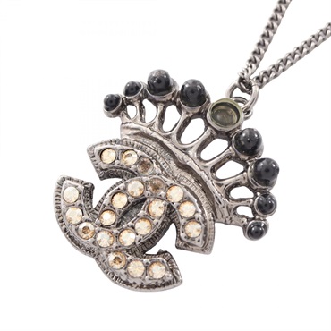 CHANEL COCO Mark Rhinestone Necklace Pendant Metal Black Yellow Used Women CC